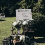 panneau de bienvenue mariage blanc vert, décoration de mariage personnalisée